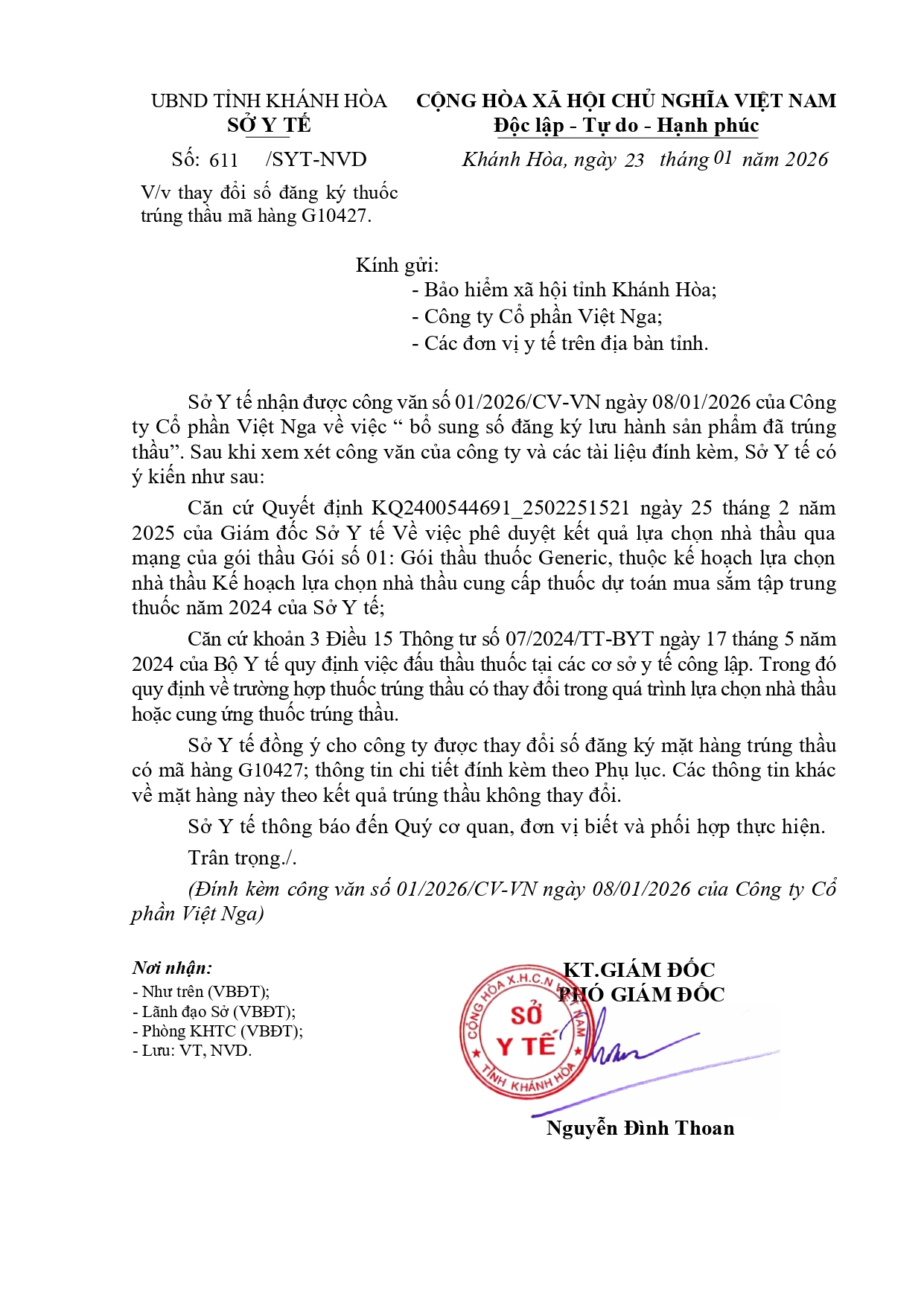 V/v thay đổi số đăng ký thuốc trúng thầu mã hàng G10427